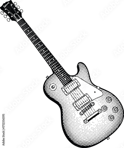 Electric guitar, musical instrument, vintage style, black and white, detailed illustration.