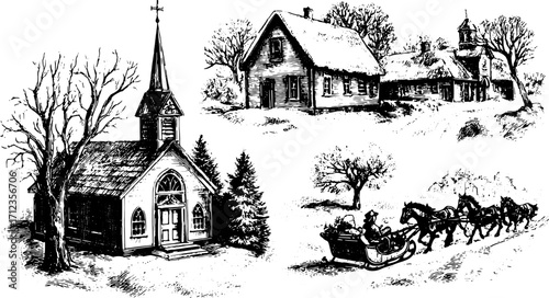 Historic rural scene featuring a church, houses, and a horse-drawn sleigh in a snowy landscape. Black and white vector illustration with traditional elements.