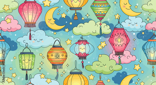 Pattern Vector Illustration with Cute Sleeping Clouds Colorful Lanterns and Crescent Moon in Whimsical Style