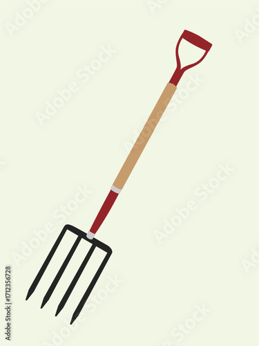 Illustration of a garden pitchfork with a wooden handle and red grip, against a light background.
