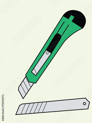 Illustration of a green utility knife with a retractable blade and a spare blade lying beneath it.