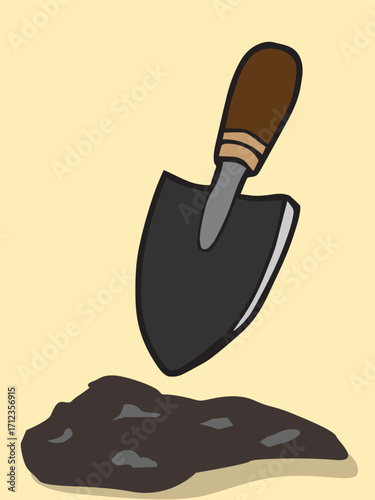 Illustration of a small black shovel hovering above a pile of dark soil against a light yellow background.