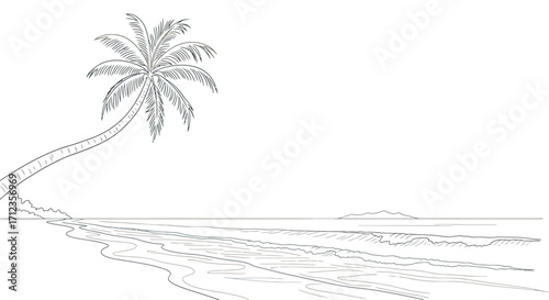 Minimalist Beach Scene Vector Illustration with Palm Tree and Ocean Waves in Black Line Art