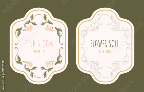 Editable Cosmetic Tags with Floral Design. Art Nouveau Inspired Botanical Labels. Vector.