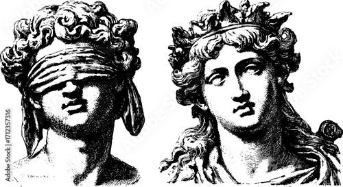 Statue illustration of a male and female busts. Black and white vintage art emphasizing classical culture in this artistic vector set.