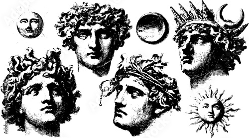 Classical heads in black and white vector illustration. Vintage art set showcasing mythological elements like the sun and moon.