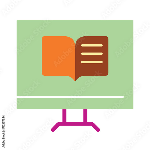 Education and business presentation icon. A colorful flat design symbol of a book on a projector screen, for training, seminars, and learning concepts.