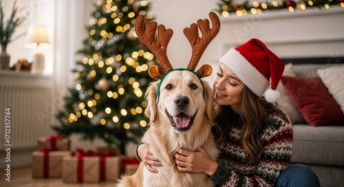 Golden retriever dog with reindeer antlers and woman in Santa hat, festive Christmas pet portrait