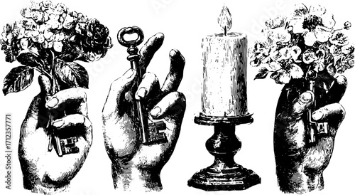 Vintage key illustration set featuring hands with flowers and a candle. Black and white vector artwork designed for various creative uses.