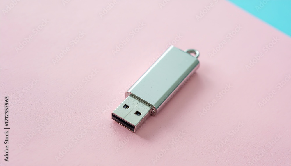 Fototapeta premium Isolated silver USB flash drive on a minimalist background, perfect for digital storage and data transfer solutions, transparent background