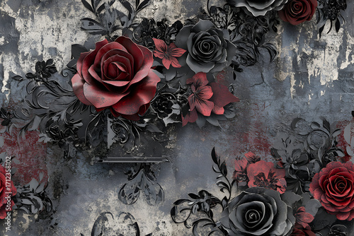 Dark Gothic Floral Pattern with Red and Black Roses on a Grunge Wall. Seamless Victorian Baroque Wallpaper.