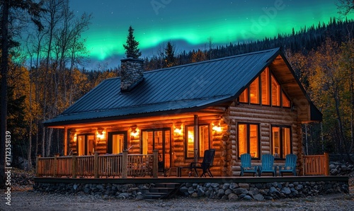 Cozy log cabin at night with aurora borealis