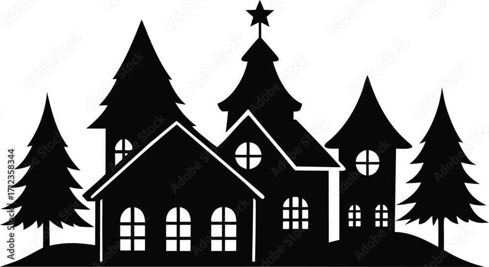 Fototapeta premium Christmas village houses silhouette vector illustration