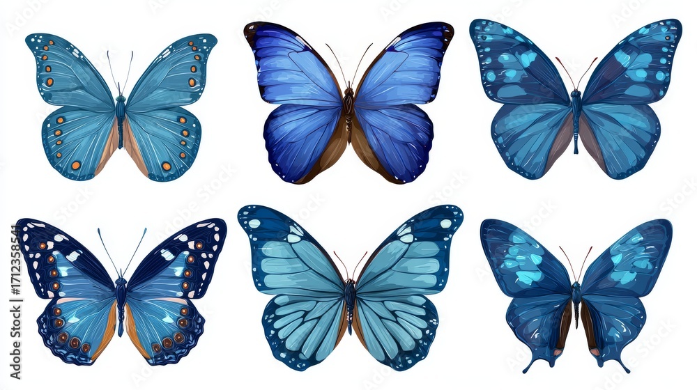 Obraz premium Blue butterfly vector illustration set with detailed isolated morpho amathonte insects, decorative lepidoptera design for nature, wildlife, tattoo art, biology, logo, and pattern decoration
