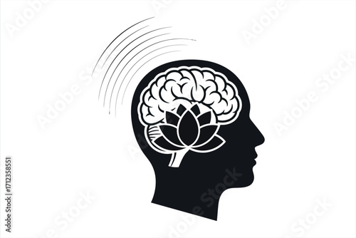 Black silhouette of human head profile with brain and lotus flower vector