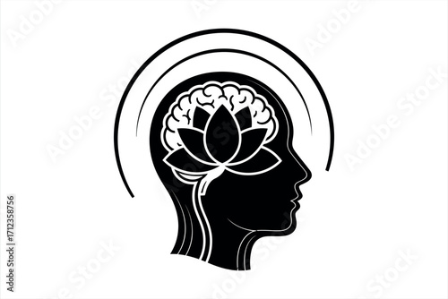 Black silhouette of human head profile with lotus flower and brain inside head silhouette black and white
