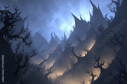A haunting landscape of silhouetted trees and misty mountains creates a mysterious, evocative scene.