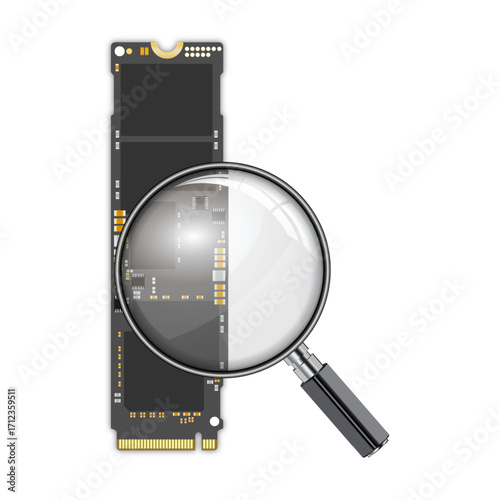 Realistic Vector Illustration of NVMe M.2 PCI-Express SSD with Magnifying Glass, fix or repair Concept