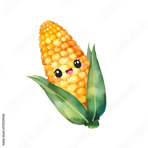 corn yellow cute face adorable cartoon vegetable illustration