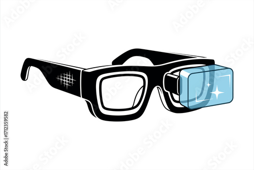 Black virtual reality headset with blue glowing screen and white stars VR glasses technology