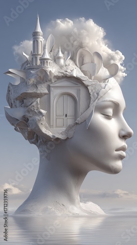 A serene sculpture of a woman's head with a castle inside her thoughts.