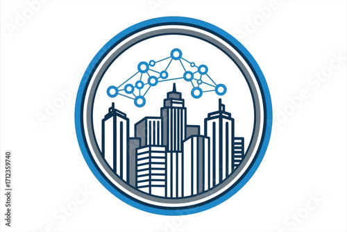Blue and gray circular logo with city skyline and network nodes vector