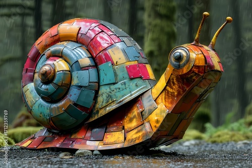 A vibrant, colorful metal snail sculpture sits in a lush, rainy forest scene.