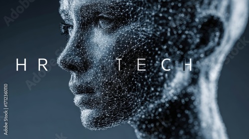Digital human face representing hr tech and technological advancement.