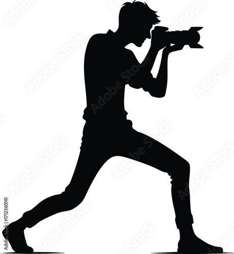 Black silhouette of a young photographer with a camera vector illustration isolated on a white background