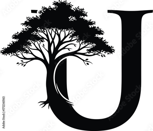 Letter U with a Tree Silhouette, Nature Inspired Typography Design