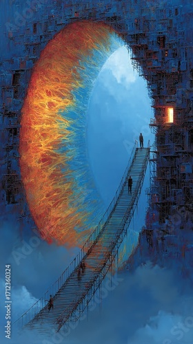 Surreal artwork of a bridge leading to a glowing doorway, a captivating fantasy