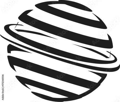 Black striped sphere with orbiting rings, global network communication