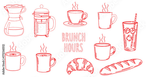 Handdrawn brunch icons including coffee, french press, croissant, and baguette isolated on white background