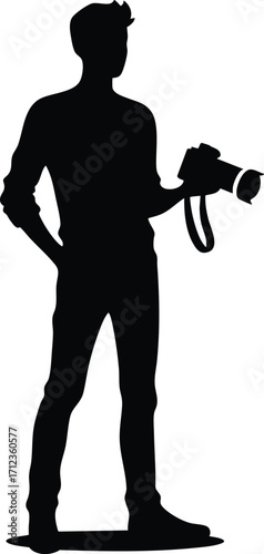 Black silhouette of a young photographer with a camera vector illustration isolated on a white background