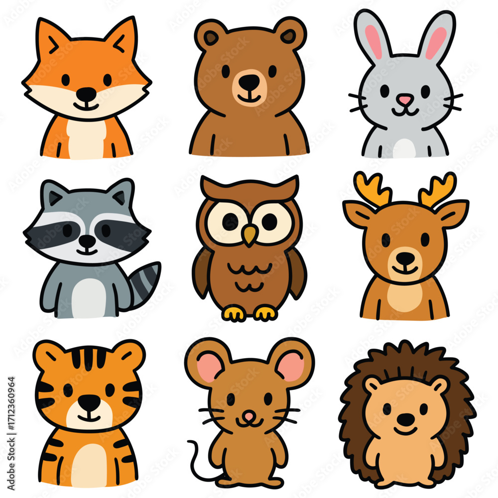 Obraz premium Hand-drawn cartoon animals icon set isolated on white background. Fox, bear, hare, raccoon, owl, deer, tiger, mouse, hedgehog. Vector illustration.
