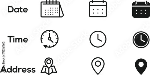 A simple and clean set of vector icons for date, time, and address. The set includes outlined and filled versions of a calendar, a clock, and a location pin. Perfect for use in apps, websites, present