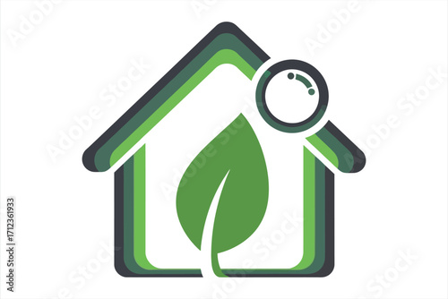 Green leaf inside house outline with magnifying glass icon home