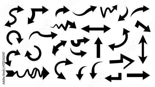 A collection of various black arrow silhouettes vector.
