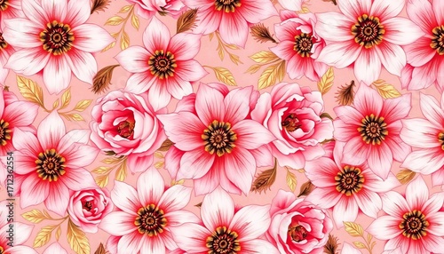 Intricate watercolor floral pattern, blush pink and gold hues, repeating seamlessly,  elegant,  blossom