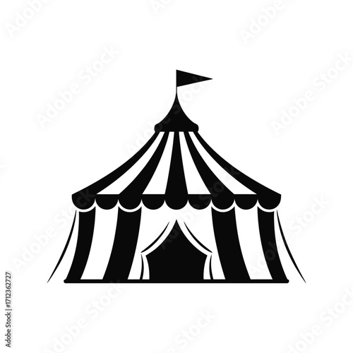 Classic striped circus tent with flag and entrance