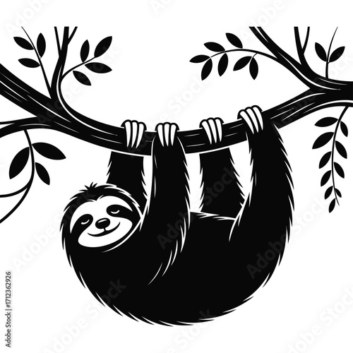 Happy sloth hanging from a tree branch with leaves
