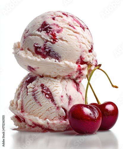 Two scoops of creamy cherry ice cream, swirled with dark red cherry pieces, sit atop each other.  Two fresh cherries with stems rest beside them on a white background