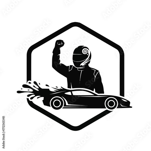 Silhouette of a triumphant race car driver celebrating victory next to a speeding vehicle.
