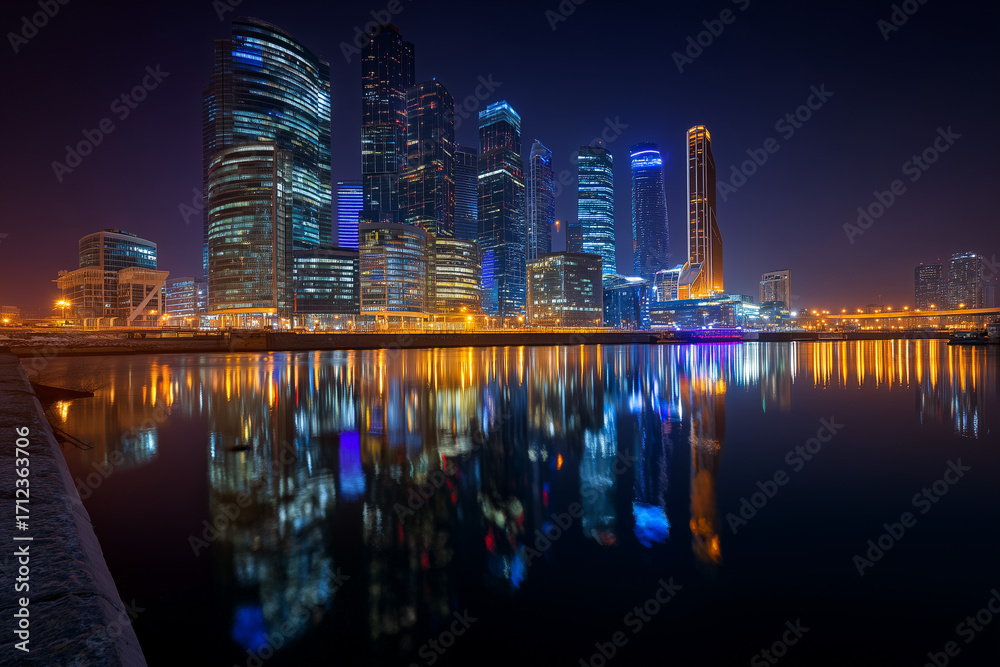 Fototapeta premium Night city skyline with illuminated buildings and reflections on river