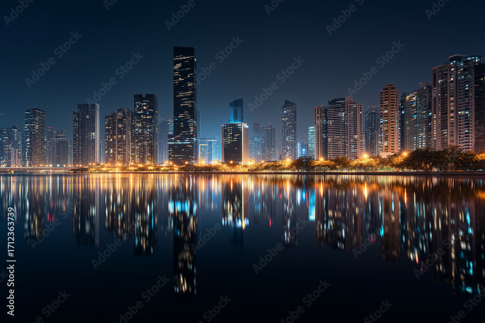 Fototapeta premium Night city skyline with illuminated buildings and reflections on river
