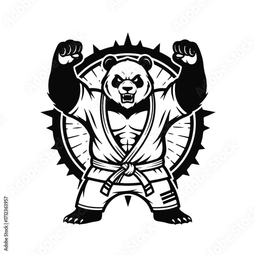 A fierce panda bear, muscular and in a martial arts gi, stands defiantly, fists raised within a spiked circular frame.