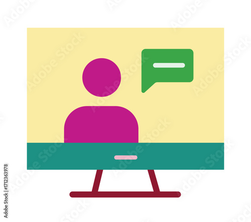 Webinar and online communication icon. A colorful flat design of a presenter on a computer screen for virtual meetings, e-learning, and remote work.