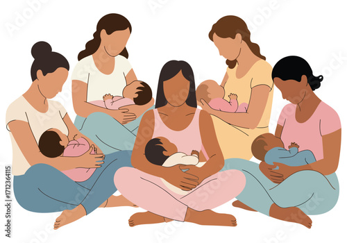 This image depicts group different mothers of varying ethnicities breastfeeding their babies.