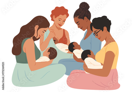 This image depicts group different mothers of varying ethnicities breastfeeding their babies.