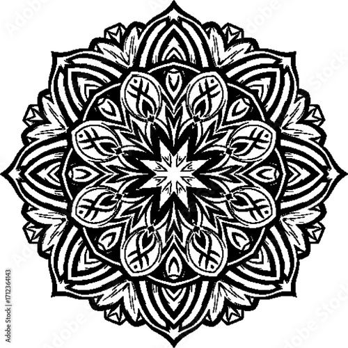 An artistic and traditional mandala for wall art or print decor. Great for logos, posters, or art therapy coloring books.